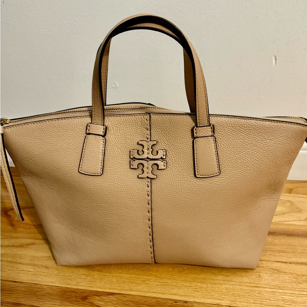 Tory Burch Top-Zip pebbled leather McGraw Satchel in Devon Sand ( not mini